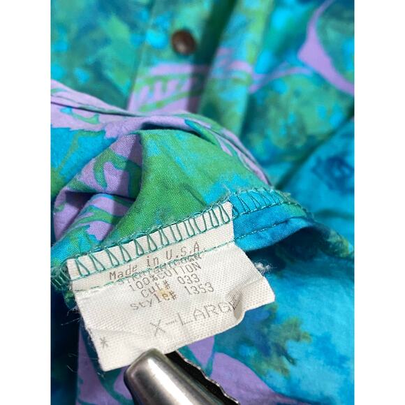 Vintage Straight Down Shirt Mens XL Green Blue Tie Dye Abstract Sword Fish - Picture 6 of 9